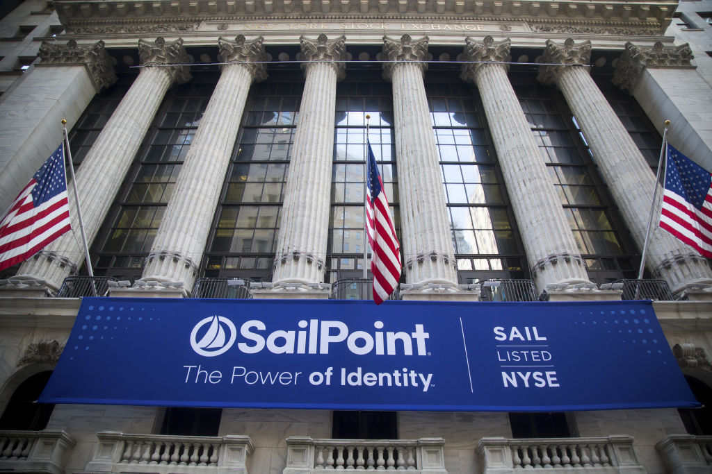 Sailpoint Technologies Holdings Inc. signage is displayed during the company's initial public offering (IPO) in front of the New York Stock Exchange (NYSE) in New York, U.S., on Friday, Nov. 17, 2017. U.S. stocks edged lower after the best rally in two months, while Treasuries advanced as investors assessed the prospects for corporate tax cuts. Photographer: Michael Nagle/Bloomberg via Getty Images
