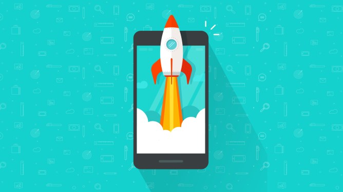 illustration of rocket launching from phone screen