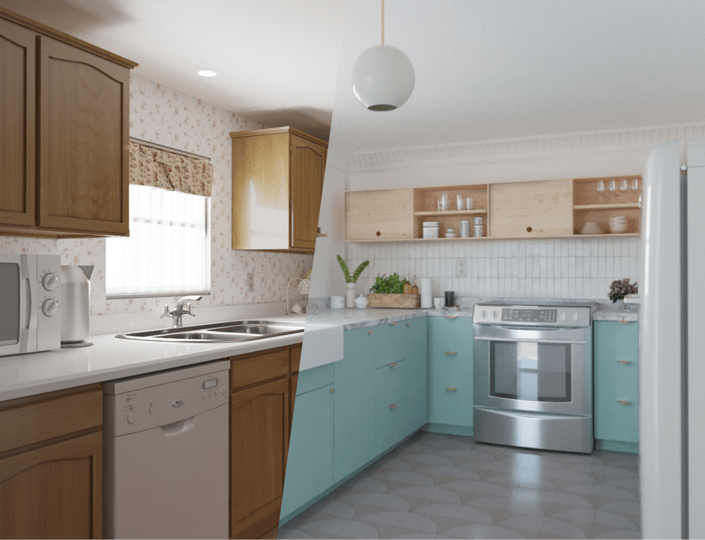 outfit before and after kitchen renovation