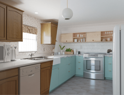outfit before and after kitchen renovation