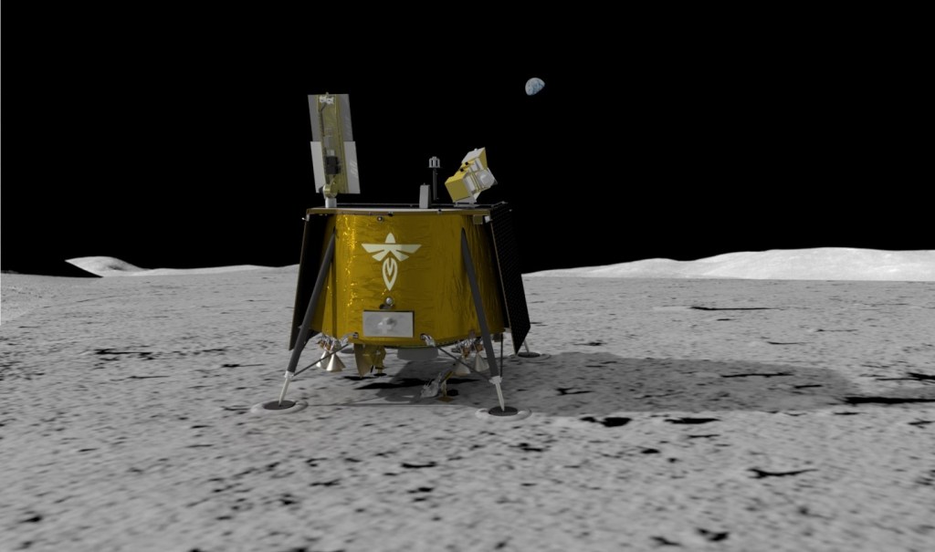 A computer-generated image of the Blue Ghost lunar lander on the Moon's surface.
