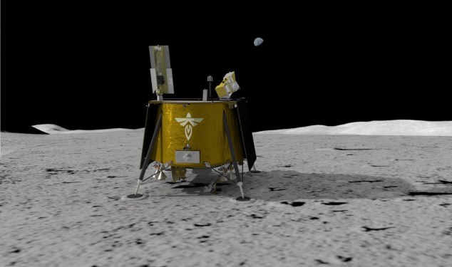 A computer-generated image of the Blue Ghost lunar lander on the Moon's surface.