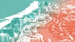 An illustration of Miami showing the beach in a green and orange motif