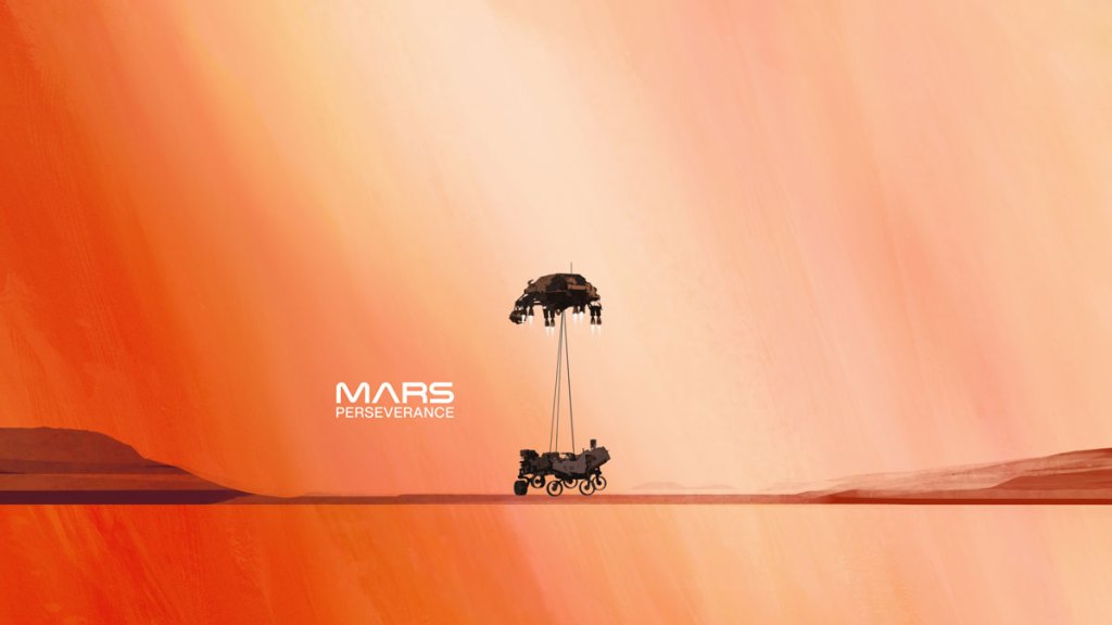 Stylized illustration of the Perseverance rover landing on the surface of Mars