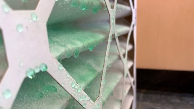 A standard HVAC filter coated with Curran's spray.