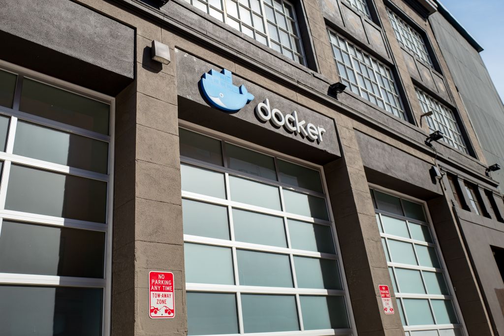 Sign with logo on facade at headquarters of container-based computer software company Docker in the South of Market (SoMA) neighborhood of San Francisco, California, June 10, 2019. (Photo by Smith Collection/Gado/Getty Images)