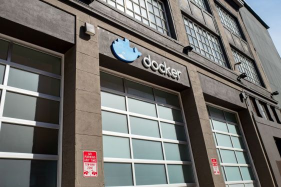 Sign with logo on facade at headquarters of container-based computer software company Docker in the South of Market (SoMA) neighborhood of San Francisco, California, June 10, 2019. (Photo by Smith Collection/Gado/Getty Images)