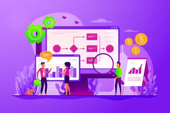 Company strategy. Work organization. Project management. Business process automation, business process workflow, automated business system concept. Vector isolated concept creative illustration