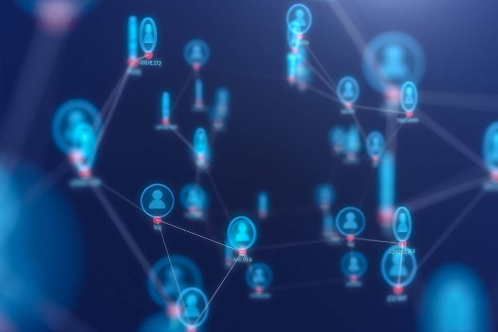 A digital concept illustration showing people connected with technology