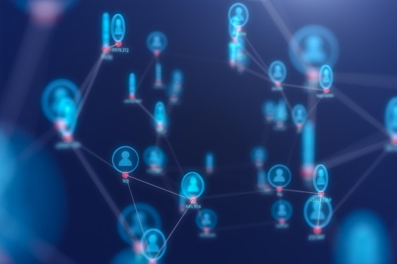 A digital concept illustration showing people connected with technology