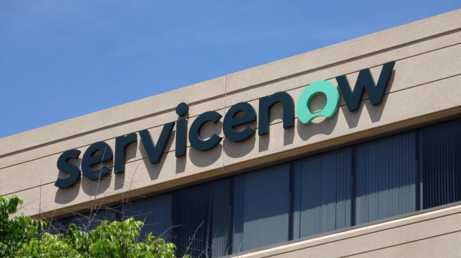Close up ServiceNow logo on California headquarters
