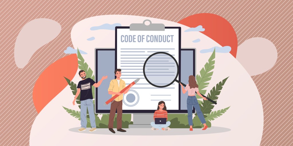 Illustration showing people in front a code of conduct document holding a magnifying glass.