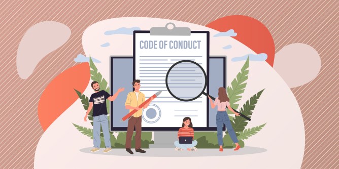 Illustration showing people in front a code of conduct document holding a magnifying glass.