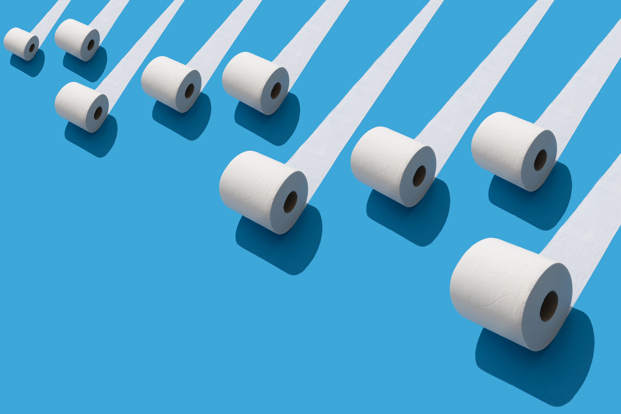 Elevated view of many toilet rolls on blue background