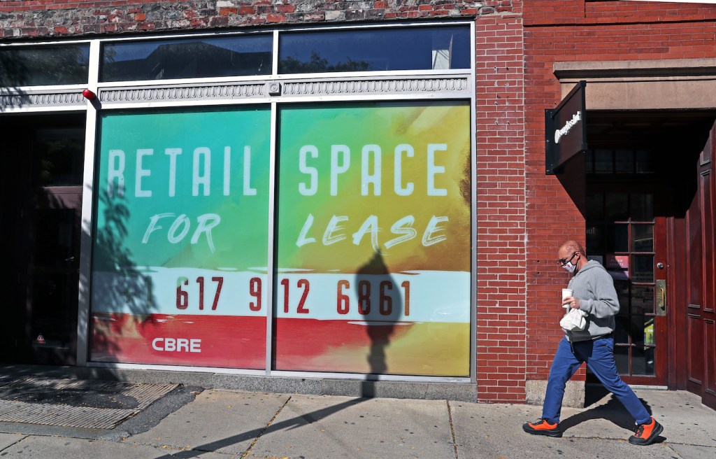 for lease sign on a small business storefront in Boston. MA