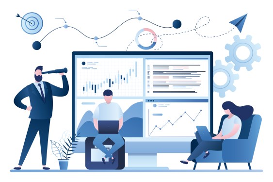 Revenue Forecast. Businesspeople trade in financial markets. Male boss investor. Trendy style background. Vector illustration