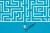 High angle rear view of young man walking towards white maze pattern over blue background