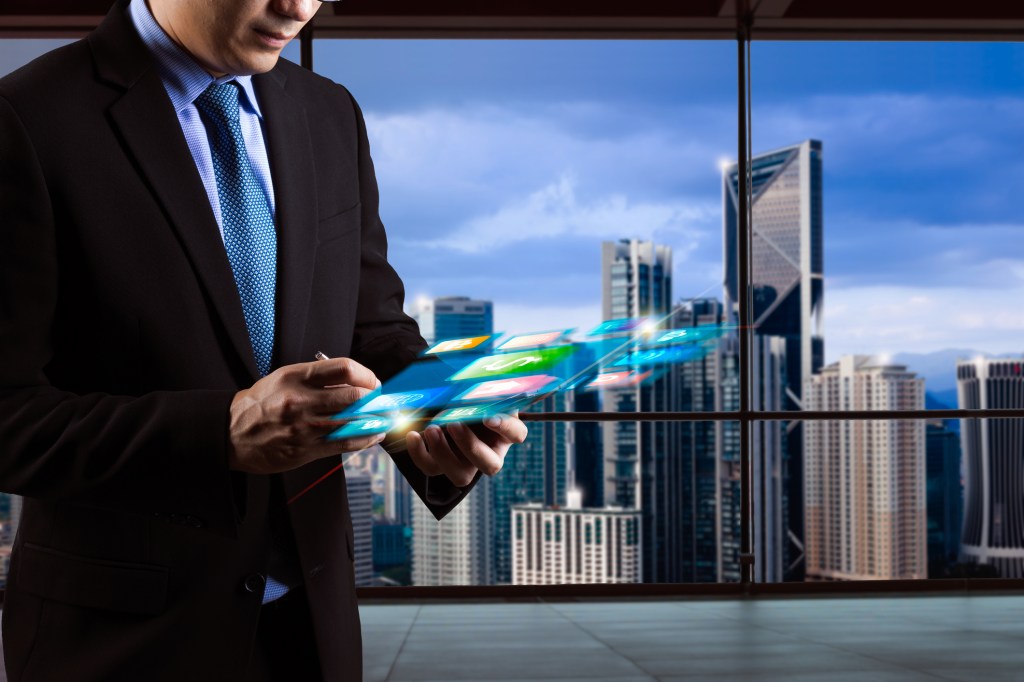 Digital marketing. Businessman using modern interface payments online shopping and icon customer network connection on virtual screen