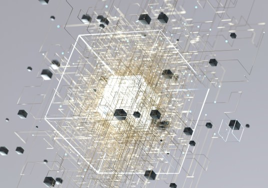 Digital generated image of glowing cube connecting with other cubes and forming big net structure against grey background.