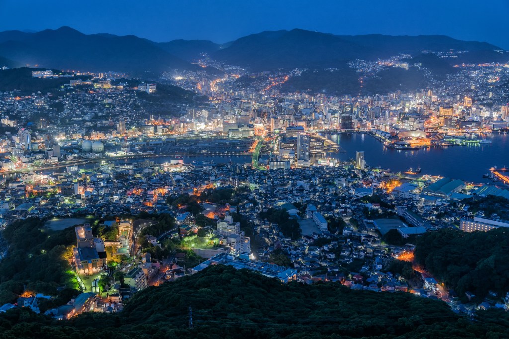 Aerial view of Nagasaki skyline from Mount Inasa at twilight