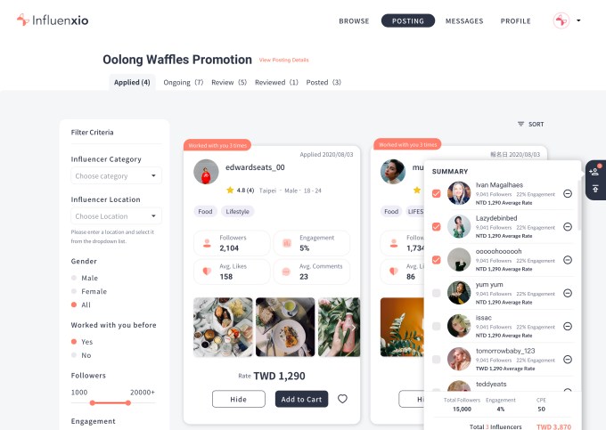 A screenshot of Influenxio's platform