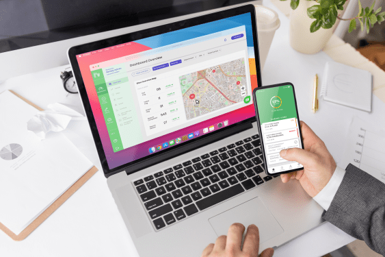 A photo showing Nimbly's software for businesses displayed on a laptop and smartphone