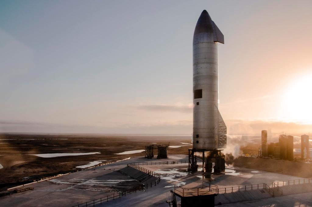 Starship prototype SN10 vertical on launch pad in Boca Chica, TX