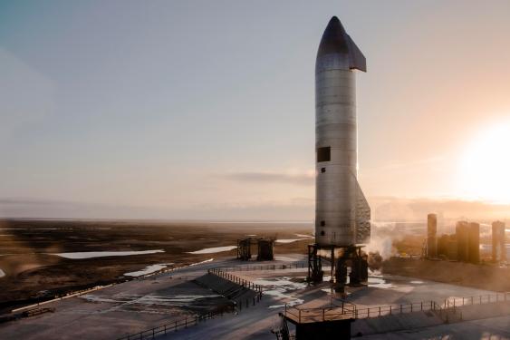 Starship prototype SN10 vertical on launch pad in Boca Chica, TX