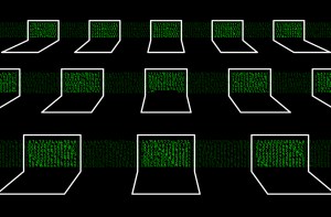 illustration of array of laptops with green data on screens