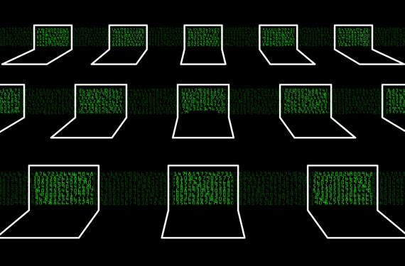 illustration of array of laptops with green data on screens
