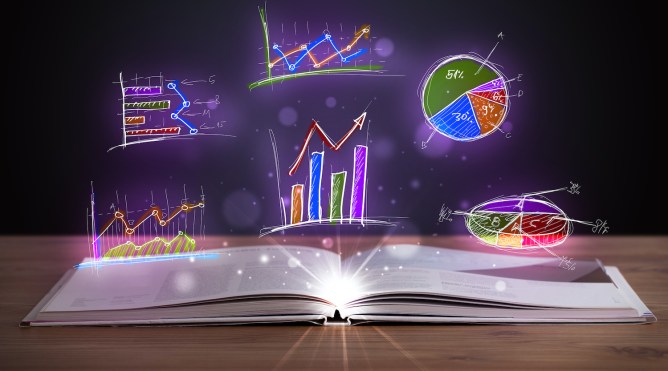 Book on wooden deck with glowing graph illustrations and symbols