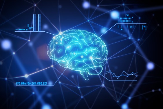 Close up brain with a futuristic graphical user interface in network connection space.