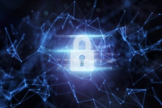 Concept illustration for blockchain showing a glowing padlock above a digitally-created background
