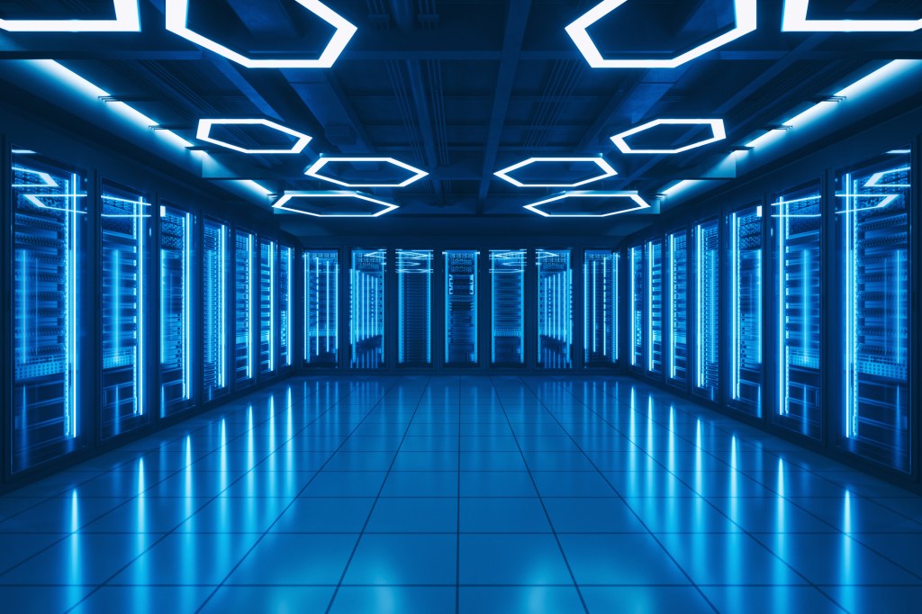 Interior of a futuristic server room.