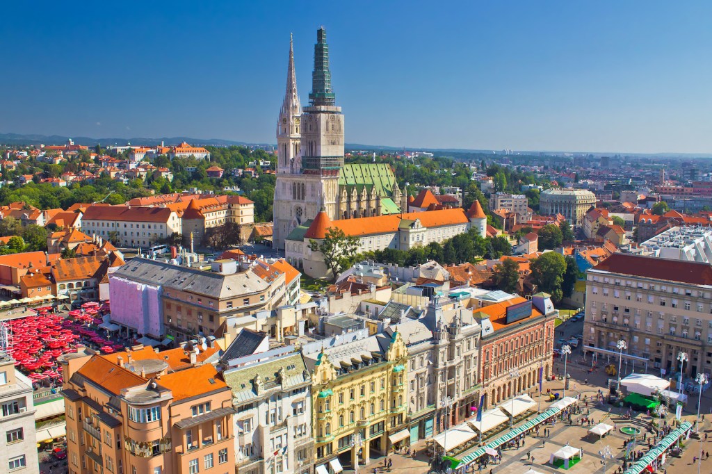 Zagreb main square and cathedral aerial view, Croatia