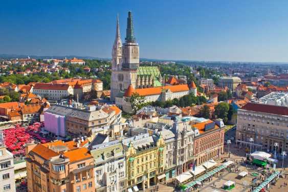 Zagreb main square and cathedral aerial view, Croatia