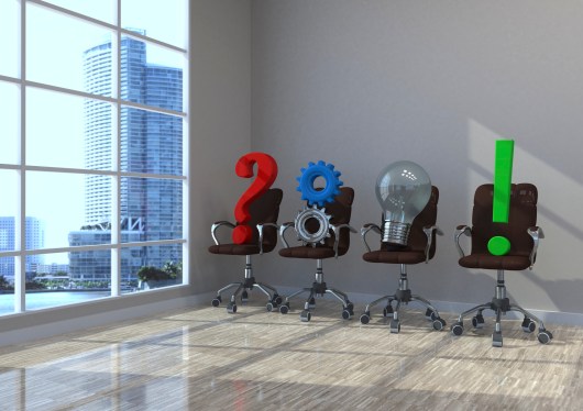 Image of a question mark, gears, a lightbulb, and an exclamation point on chairs in a waiting room.