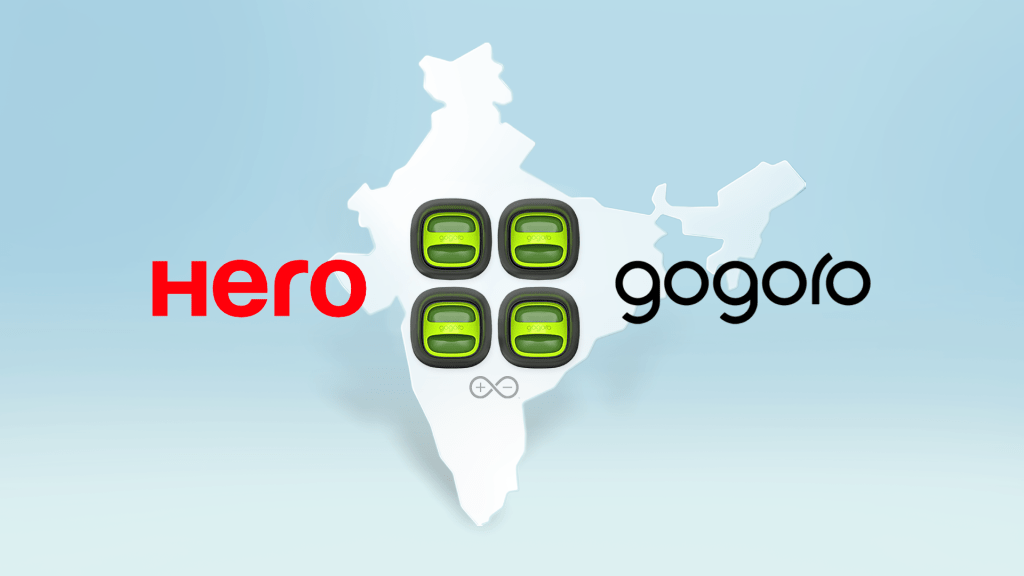 A composite image of Hero MotoCorp and Gogoro's logos superimposed over a silhouette of India and Gogoro's battery swapping station
