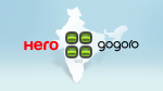 A composite image of Hero MotoCorp and Gogoro's logos superimposed over a silhouette of India and Gogoro's battery swapping station