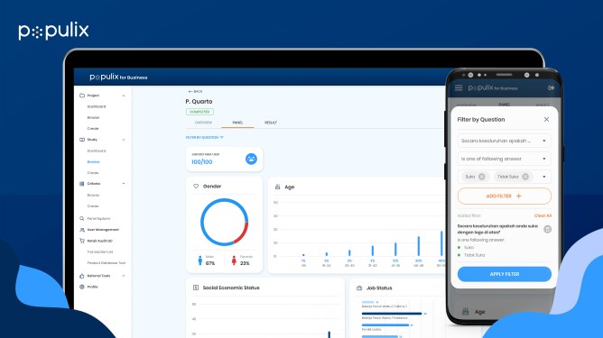 Populix's consumer research platform, displayed on a laptop and smartphone