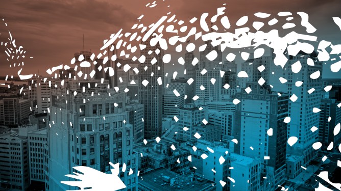 Detroit skyline overlaid with abstract fish pattern