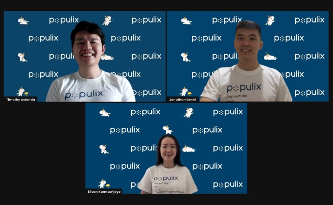 A Zoom group photo of Populix's co-founders: chief executive officer Timothy Astandu, chief operating officer Eileen Kamtawijoyo and chief technical officer Jonathan Benhi