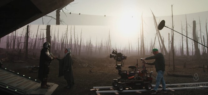 Characters and crew on the virtual stage of The Mandalorian.