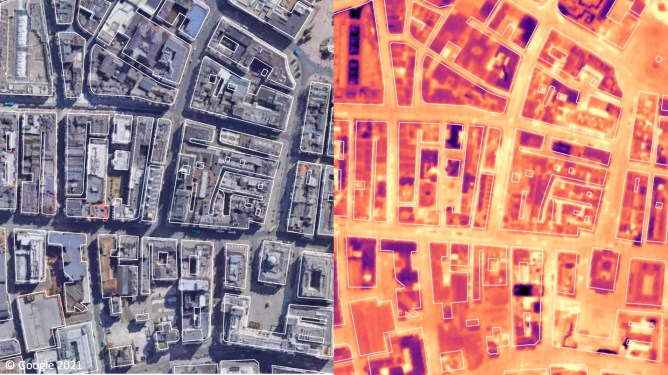 An aerial image side by side with a thermal image of the same area.