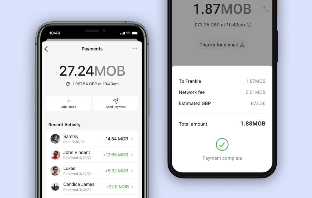 Screenshots of the Signal app being used to send money to another user.