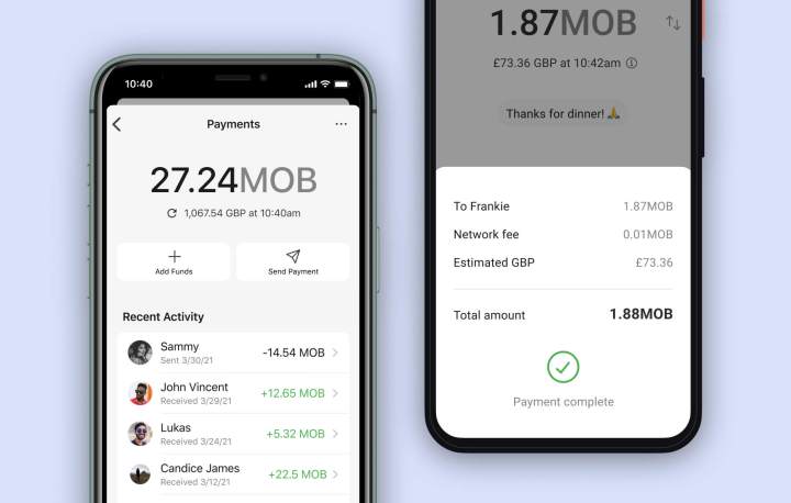 Screenshots of the Signal app being used to send money to another user.