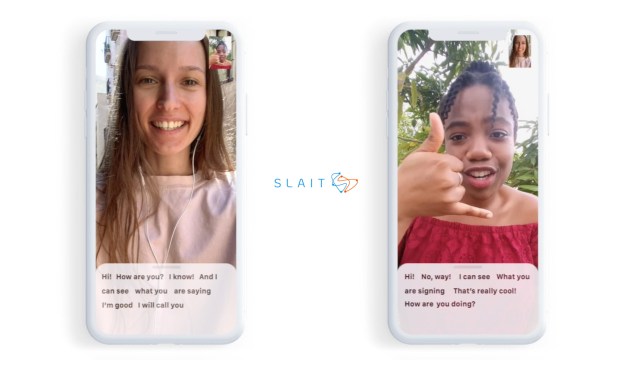 Two phones showing each side of a video call, with a text box describing what one is signing and the other is saying.