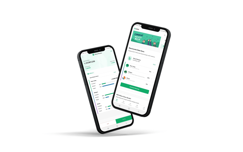 A photo of Bibit investment app displayed on two smartphones