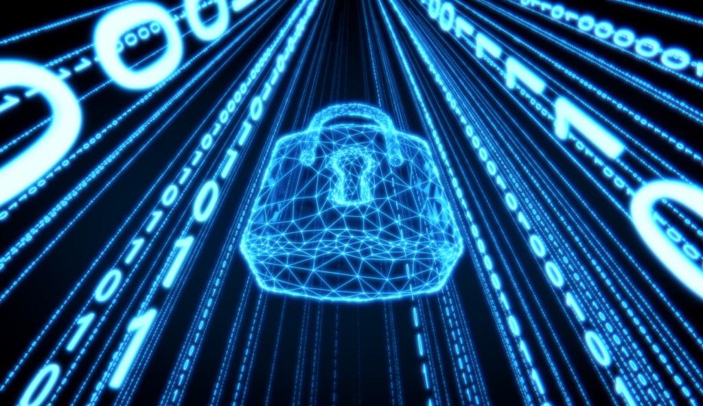 Padlock security on the matrix style binary numbers background with low angle view.