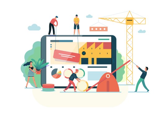 Illustration showing men and women working together to build a landing page for a website.